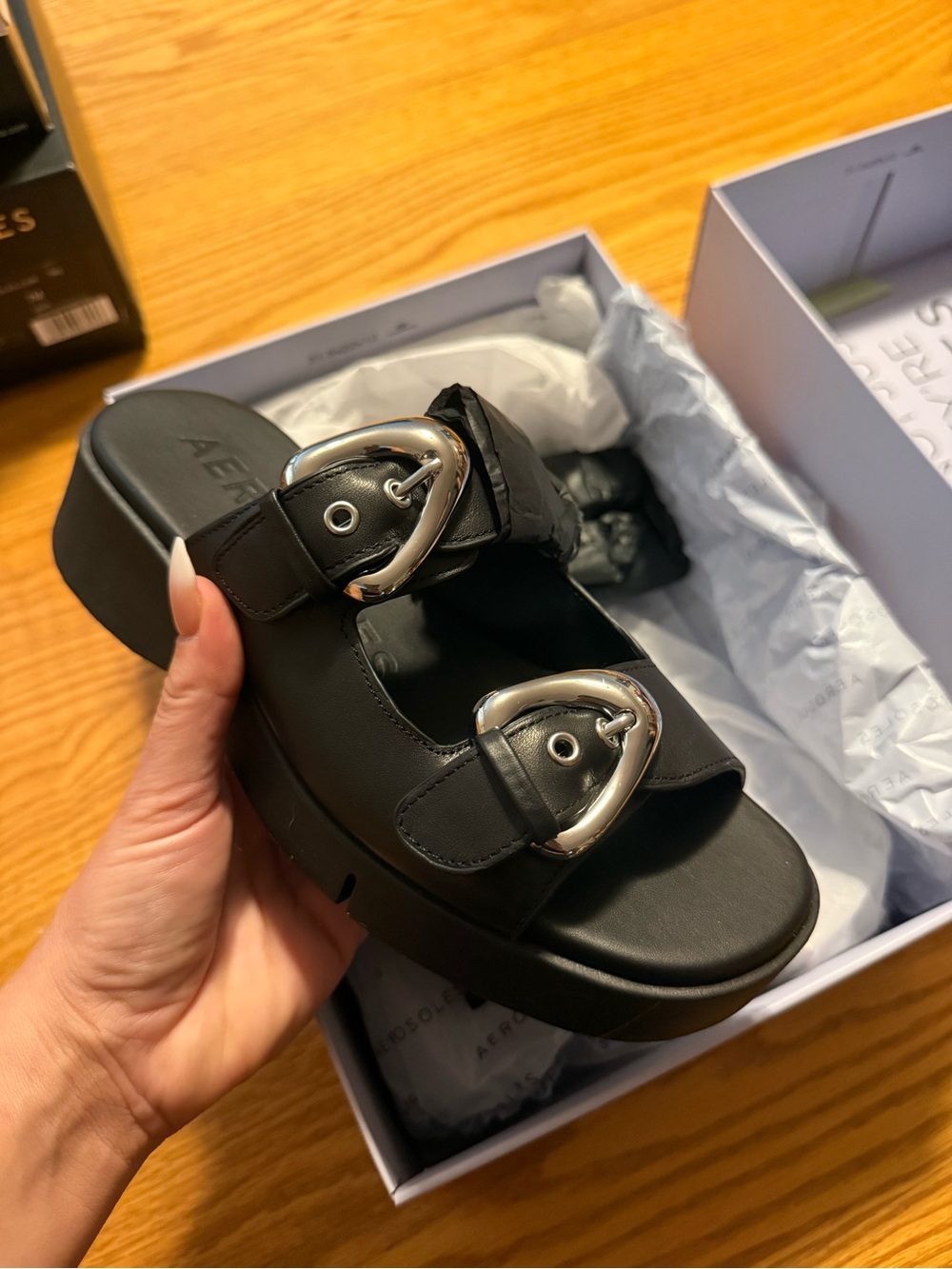 AEROSOLES Faith Black Platform Slide Sandals with Silver Buckles
